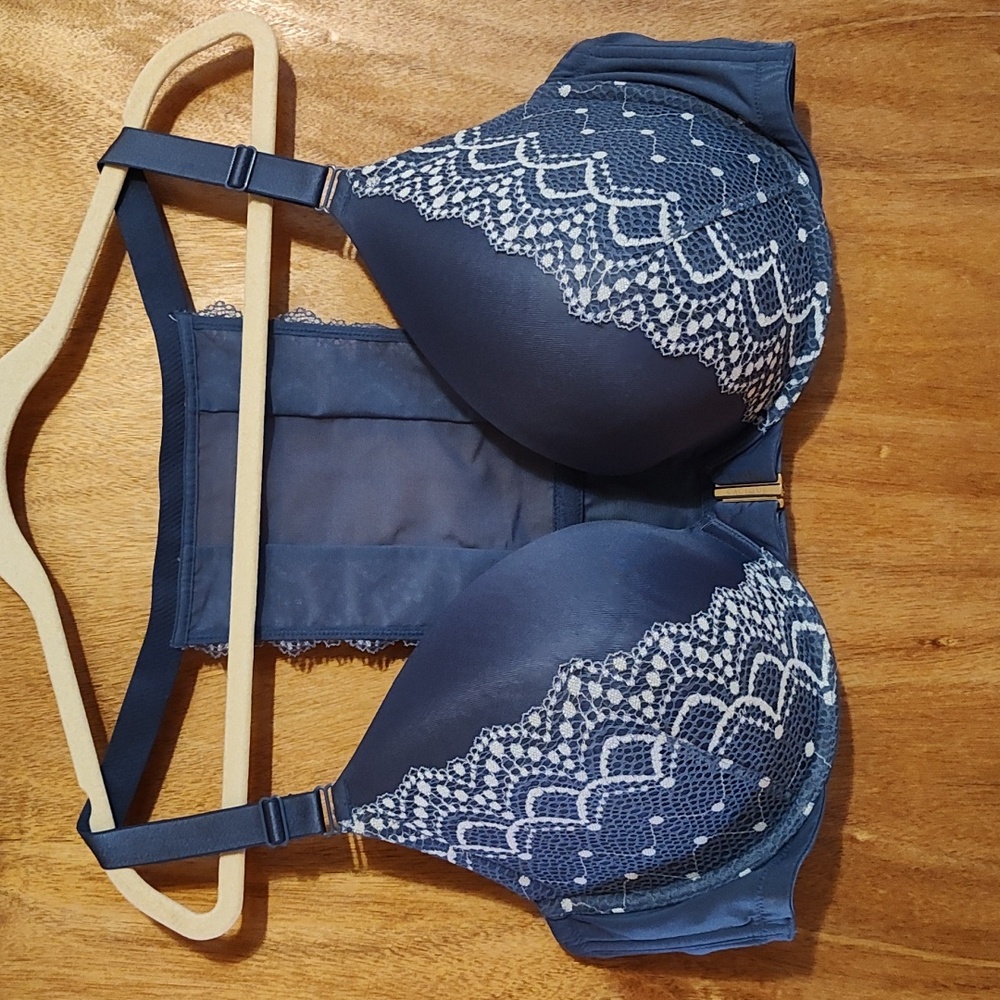 Cacique Boost Plunge Racerback Bra Light Blue White Lace Front Closure Size 46D